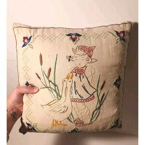 Vintage Handstitched Embroidered Goose Girl Scandinavian Square Pillow 12"X12"